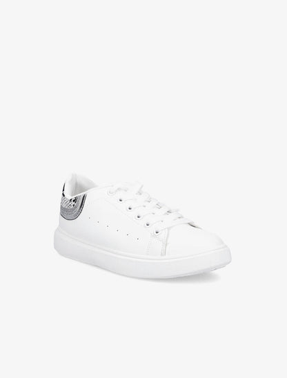 Sneakers à contrefort pailleté et imprimé python - Blanc/noir - 2