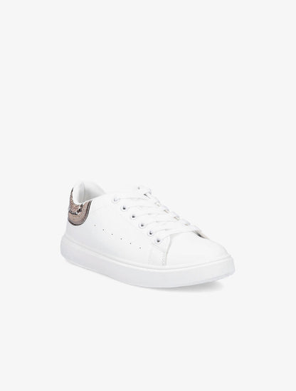 Sneakers à contrefort pailleté et imprimé python - Blanc/beige - 2
