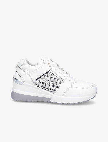 Baskets compensées à empiècement tissu et liserés vernis - Blanc - 5