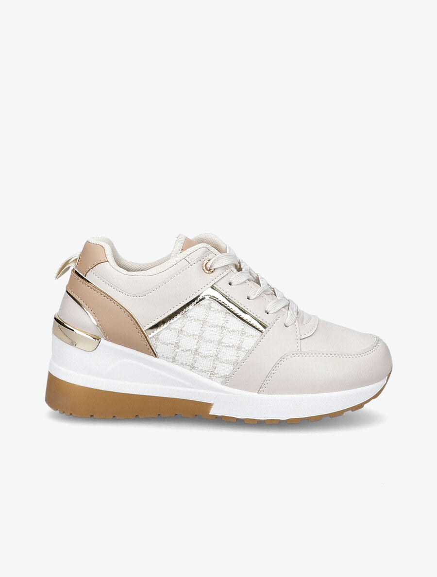 Baskets compensées à empiècement tissu et liserés vernis - Beige - 1