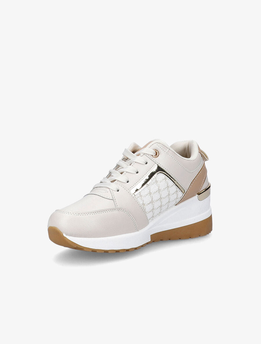 Baskets compensées à empiècement tissu et liserés vernis - Beige - 3