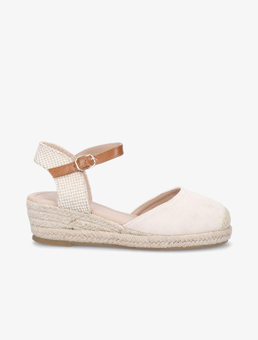 Sandales compensées en suédine à bouts ronds - Beige - 5
