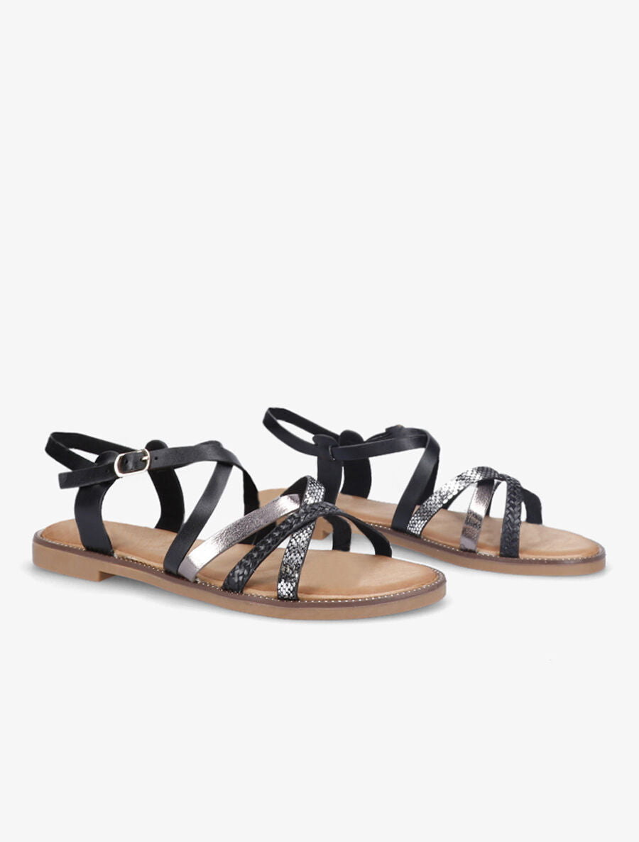 Nu-pieds plats à brides stylisées - Noir - 4