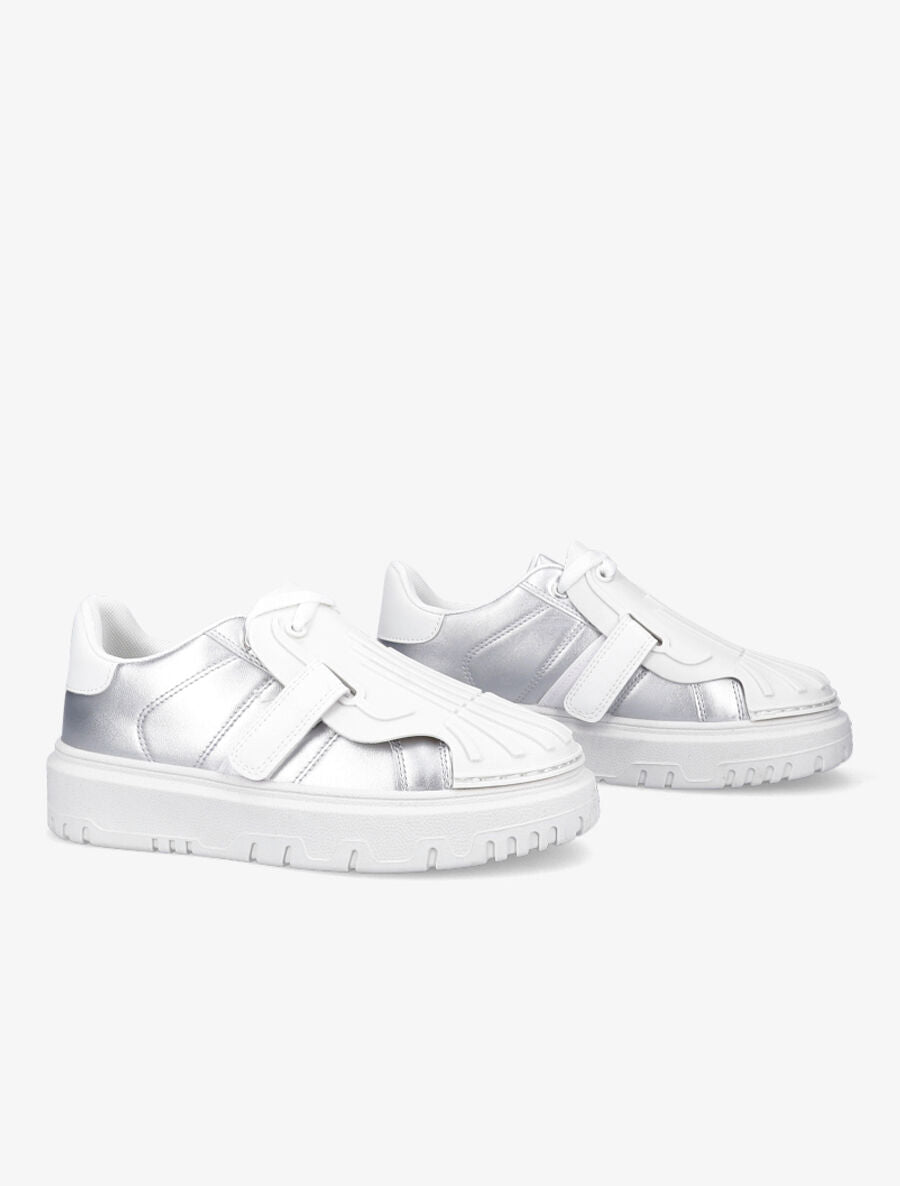 Baskets bicolore à claque en caoutchouc stylisée - Blanc/argent - 4