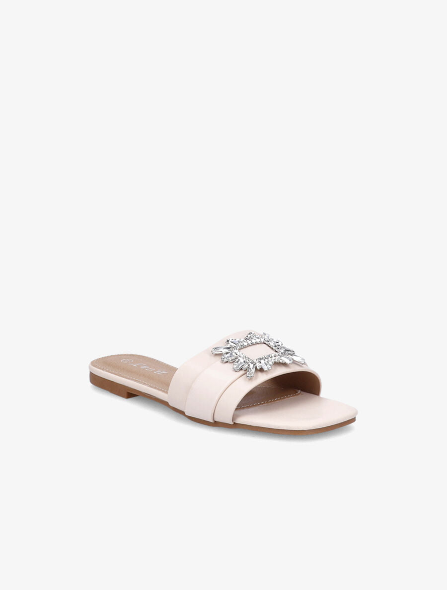 Mules plates à boucles bijoux et strass - Beige - 2