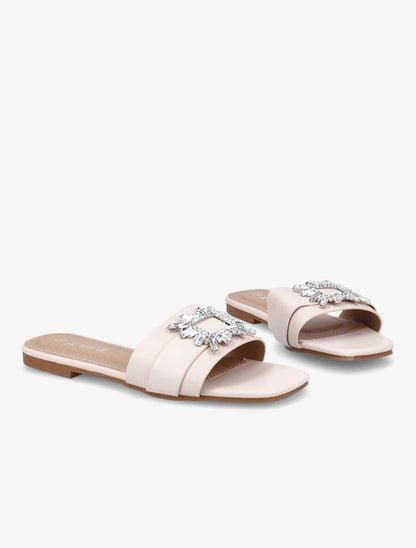 Mules plates à boucles bijoux et strass - Beige - 4