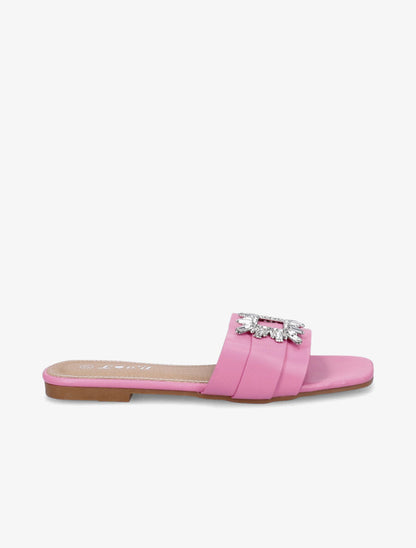 Mules plates à boucles bijoux et strass - Fushia - 5