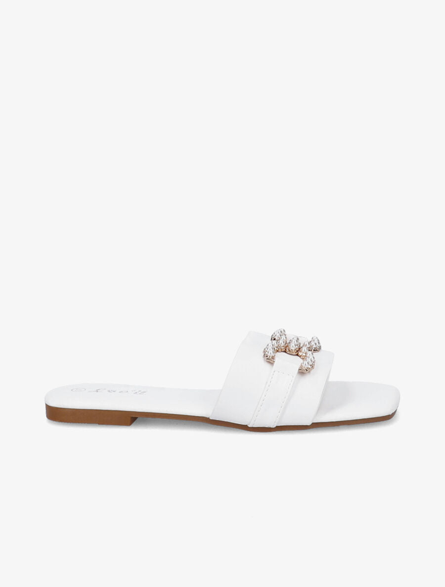 Mules plates à boucles en perles et strass - Blanc - 5