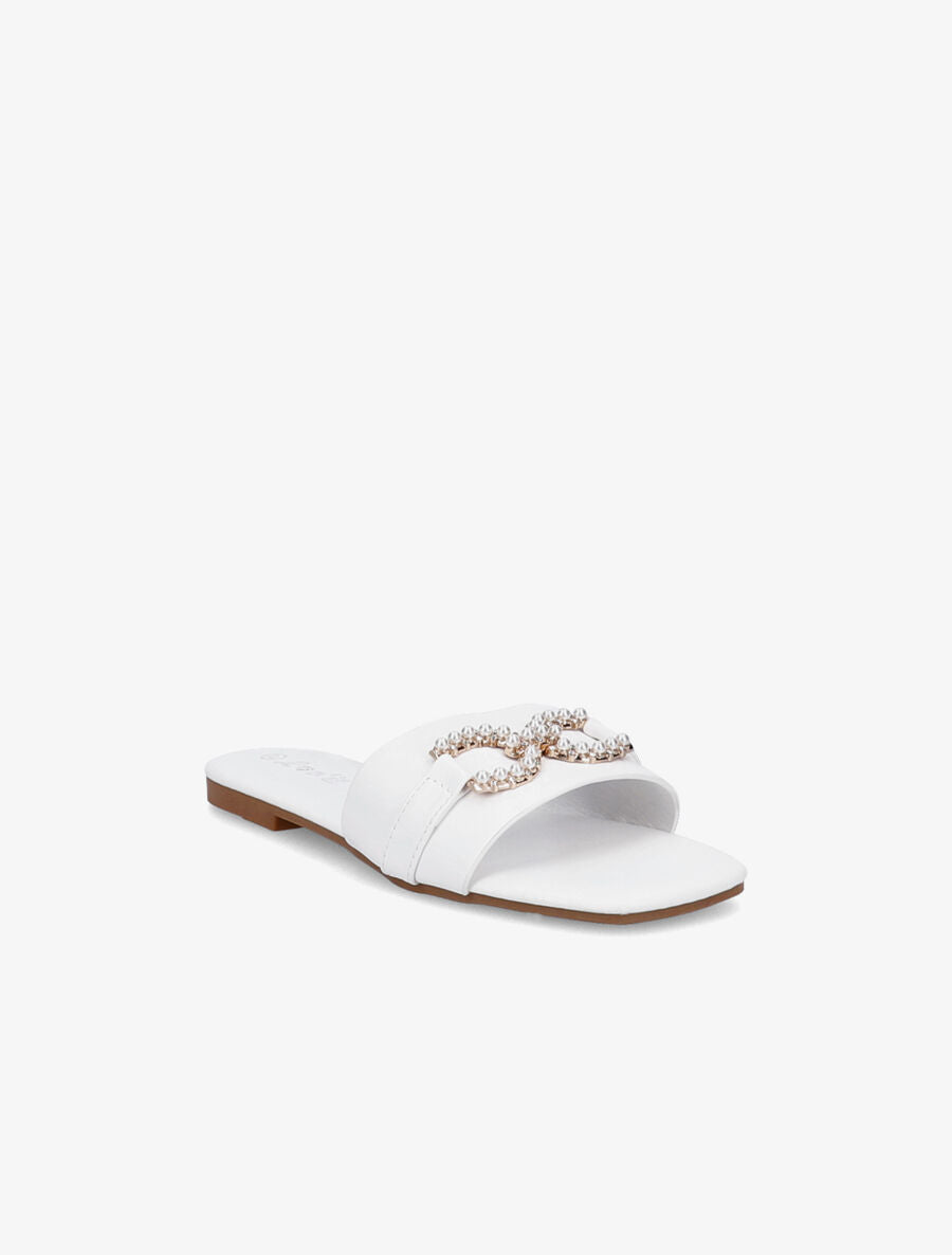 Mules plates à boucles en perles et strass - Blanc - 2