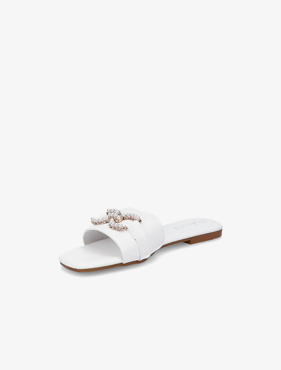 Mules plates à boucles en perles et strass - Blanc - 3
