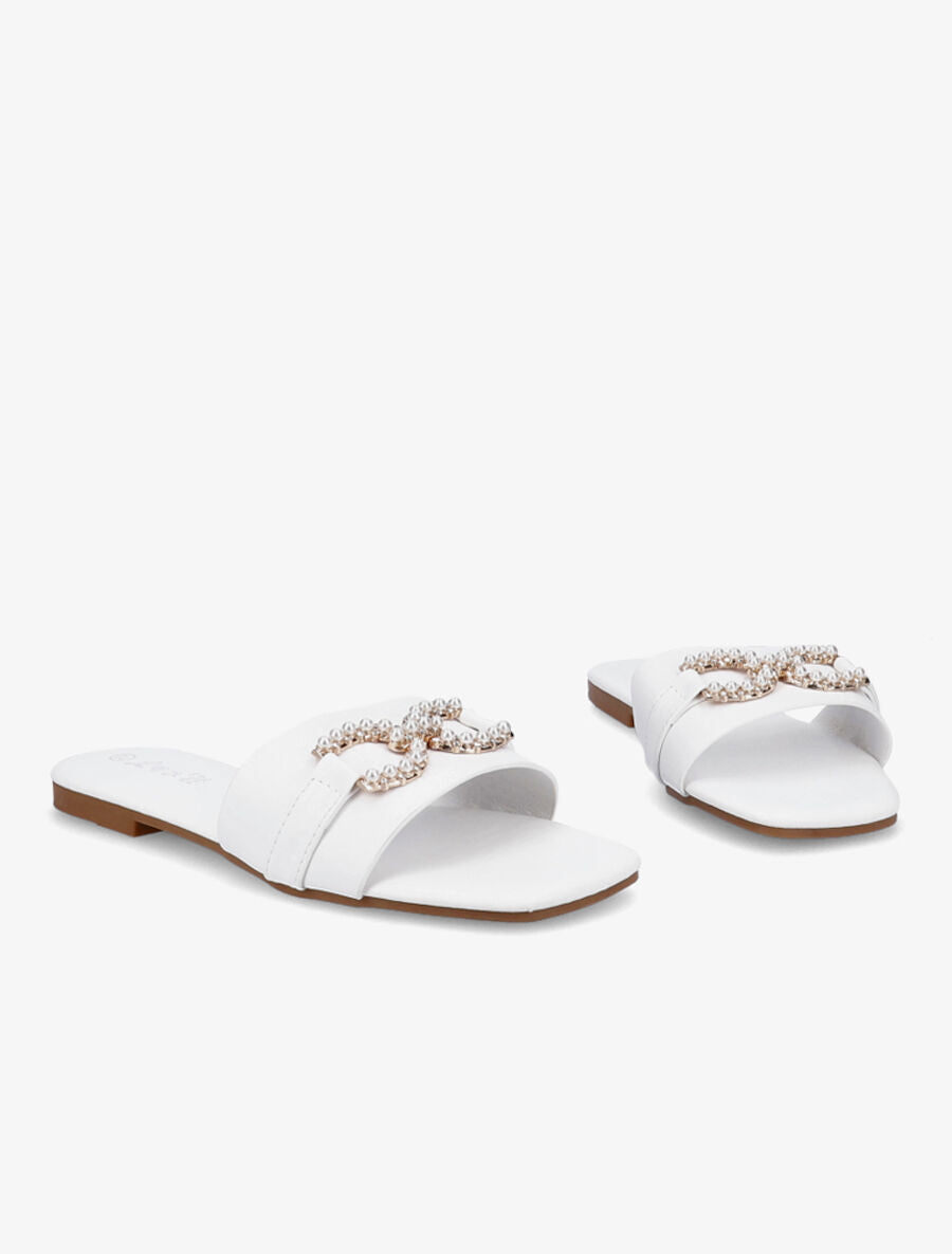 Mules plates à boucles en perles et strass - Blanc - 4