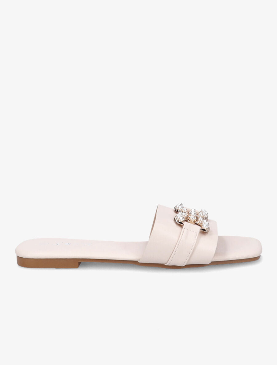 Mules plates à boucles en perles et strass - Beige - 5