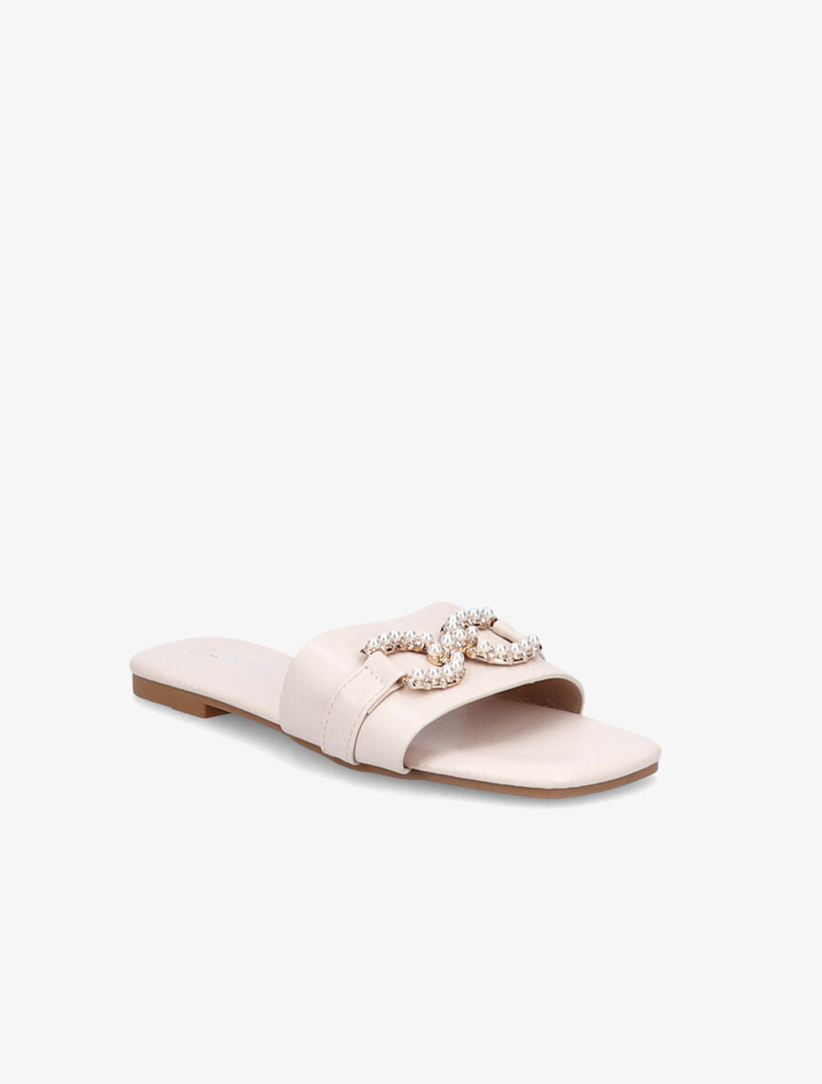 Mules plates à boucles en perles et strass - Beige - 2