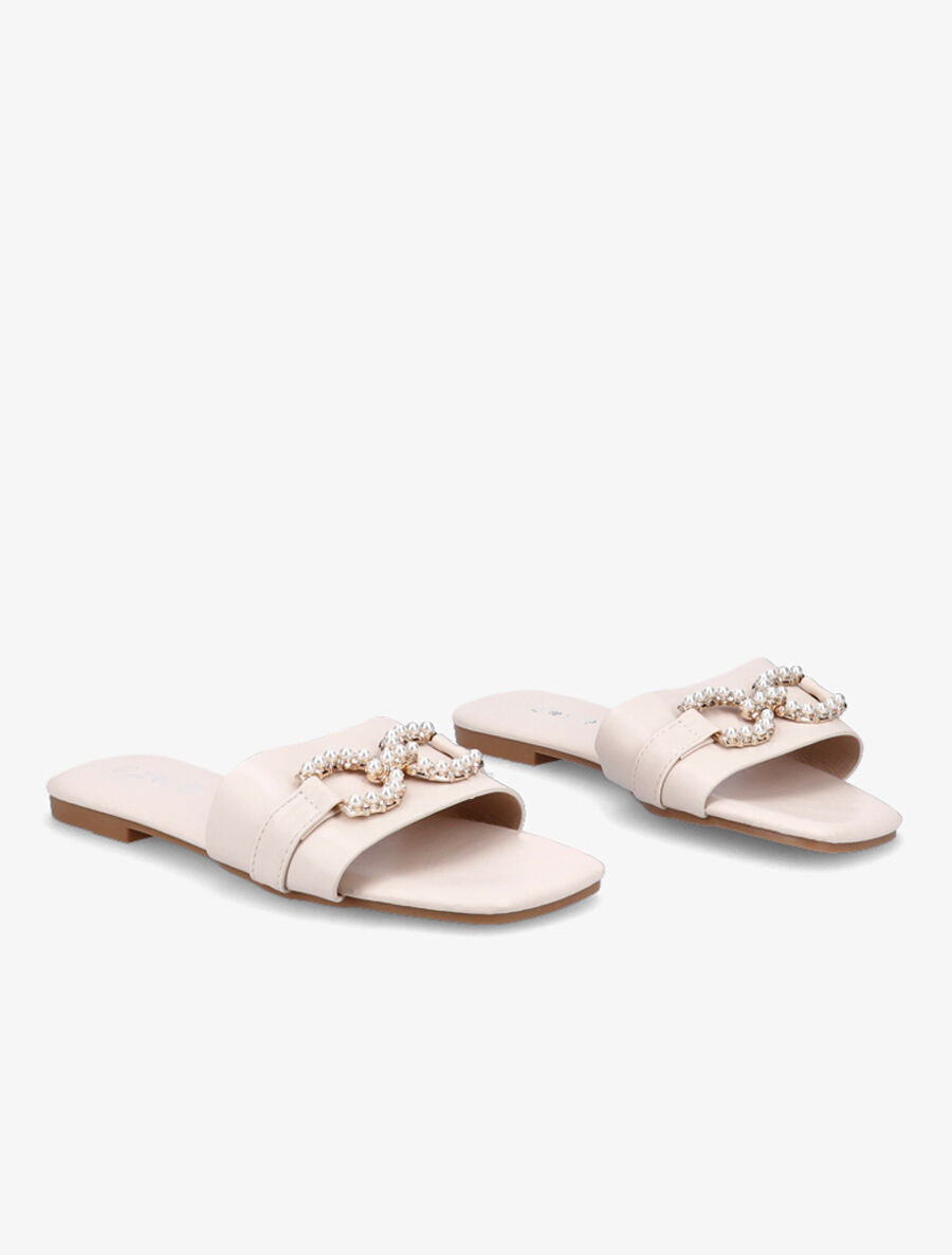 Mules plates à boucles en perles et strass - Beige - 4