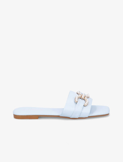 Mules plates à boucles en perles et strass - Bleu ciel - 5