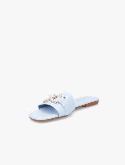 Mules plates à boucles en perles et strass - Bleu ciel - 3