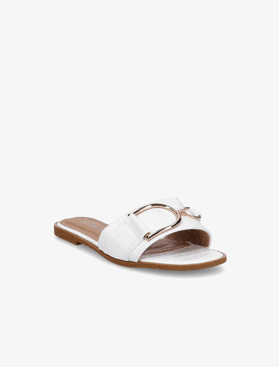 Mules plates effet croco à boucles dorées - Blanc - 2