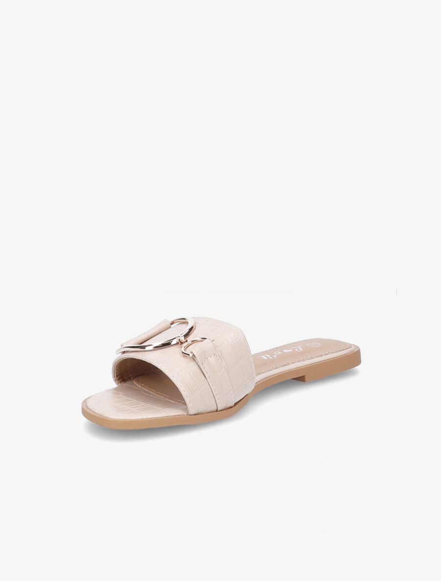 Mules plates effet croco à boucles dorées - Beige - 3