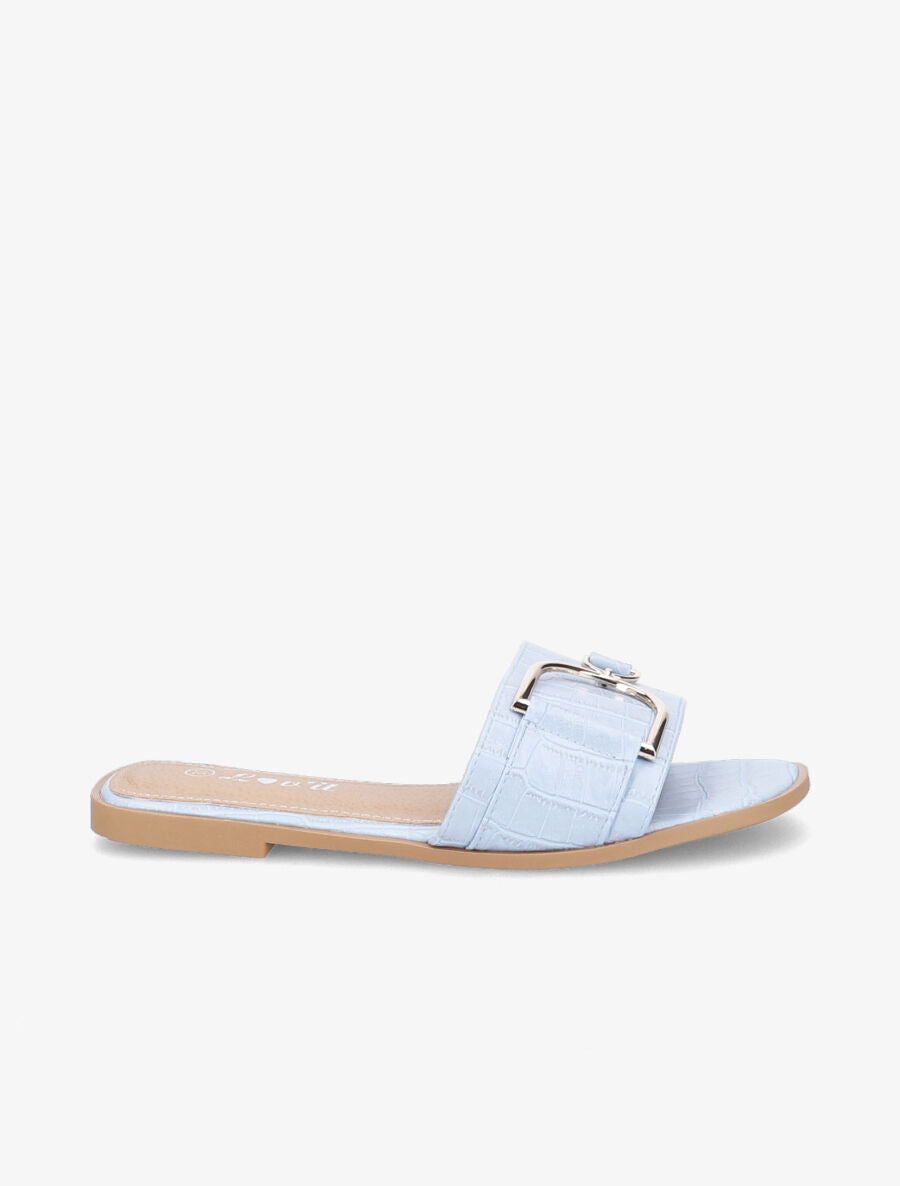 Mules plates effet croco à boucles dorées - Bleu ciel - 1