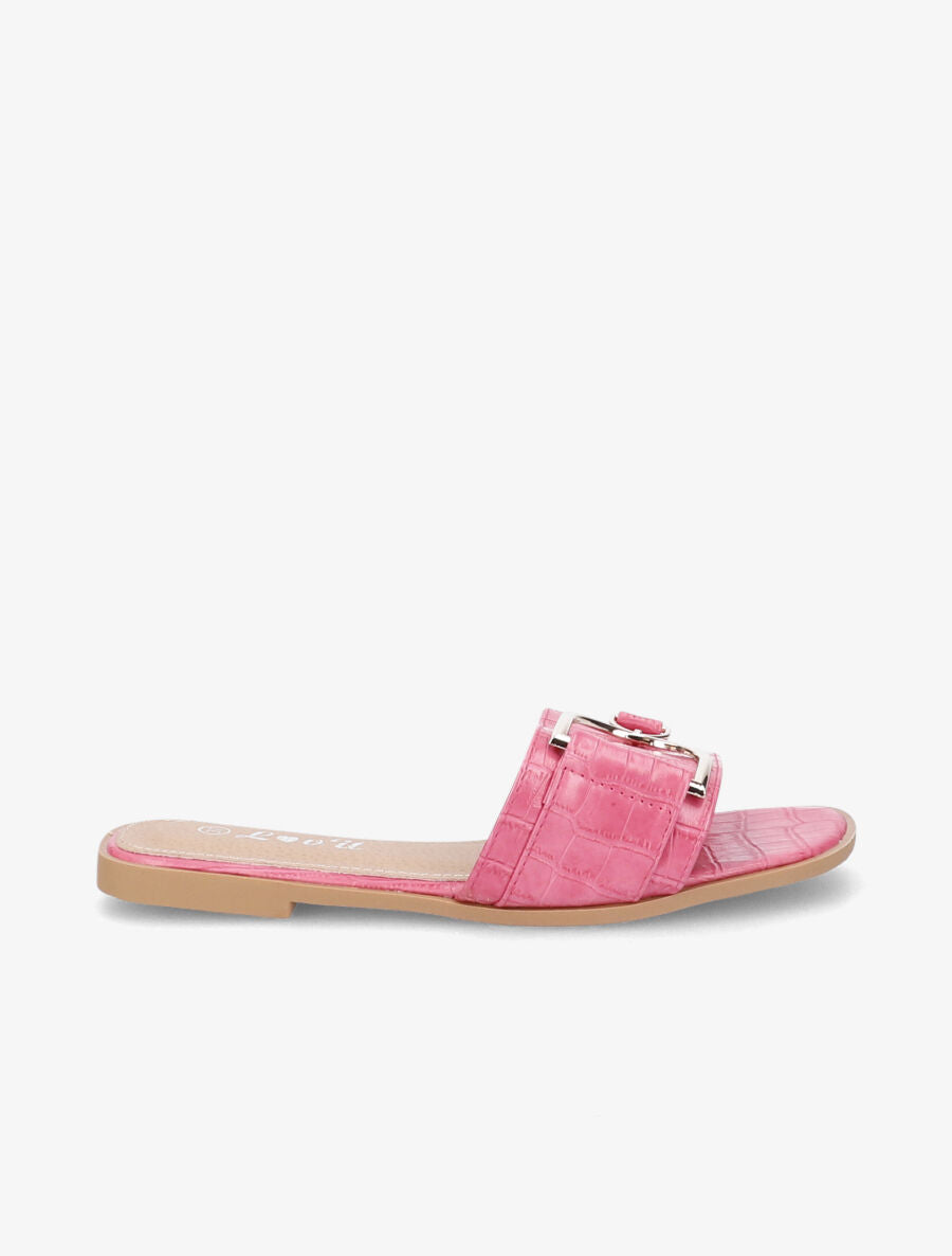 Mules plates effet croco à boucles dorées - Rose - 1