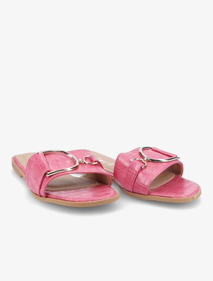 Mules plates effet croco à boucles dorées - Rose - 4