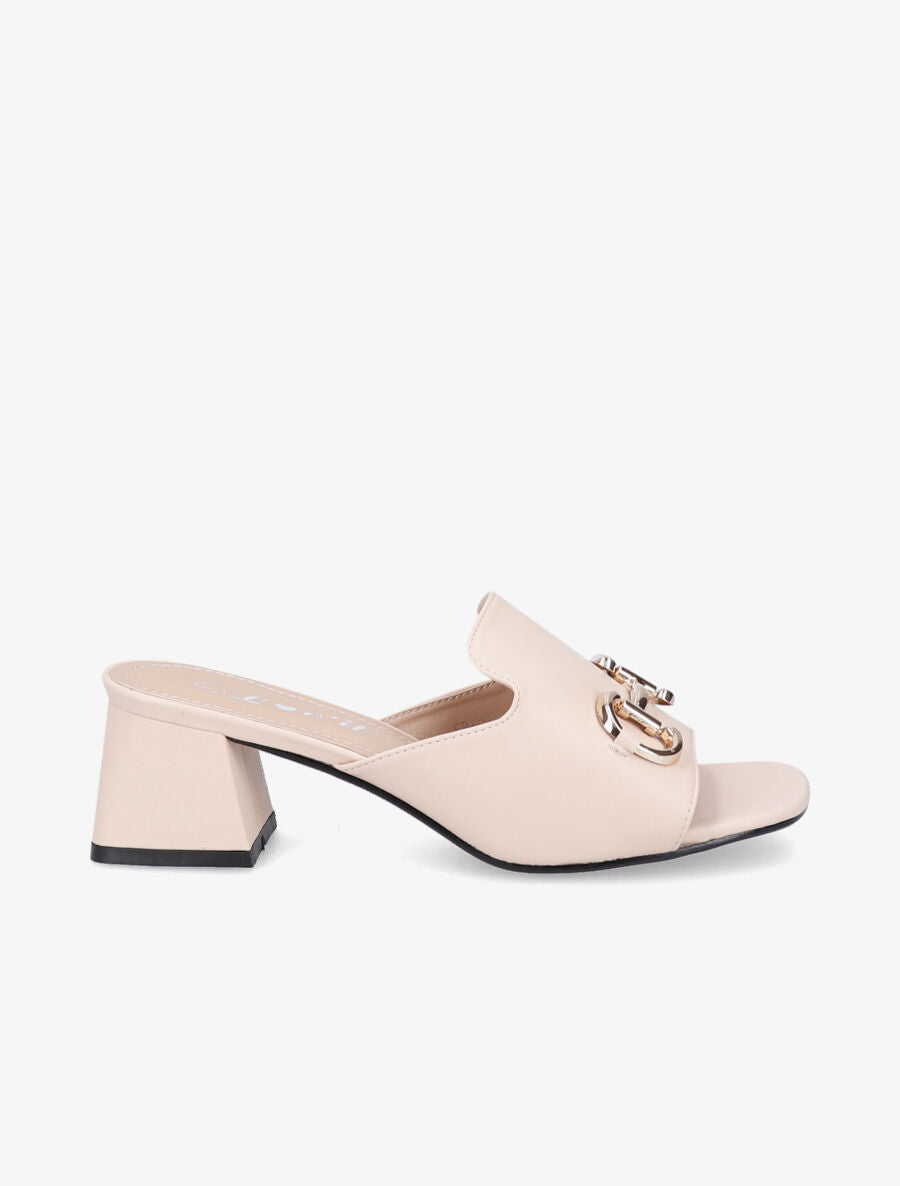 Mules en simili à boucle métallique dorée - Beige - 1