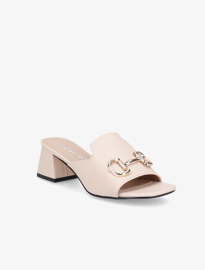Mules en simili à boucle métallique dorée - Beige - 2