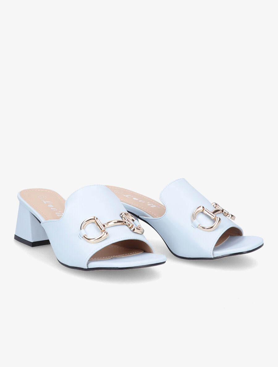 Mules en simili à boucle métallique dorée - Bleu clair - 4