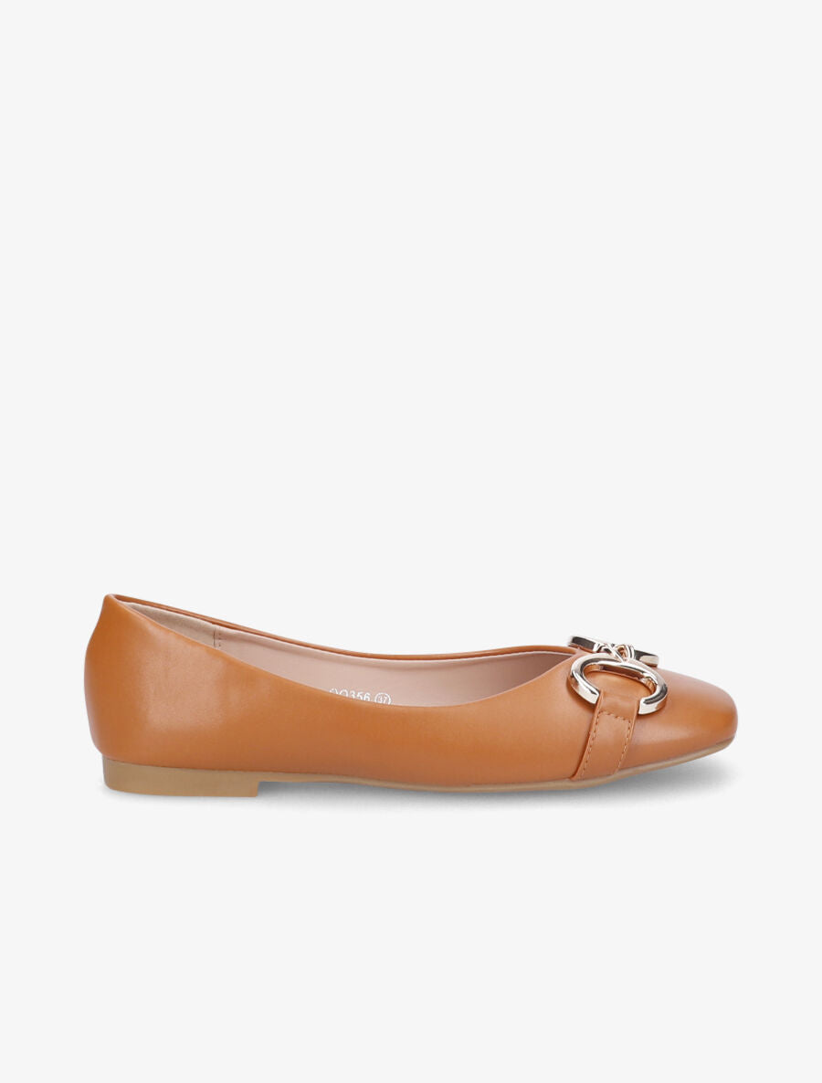 Ballerines en simili à détail boucles métalliques - Camel - 1