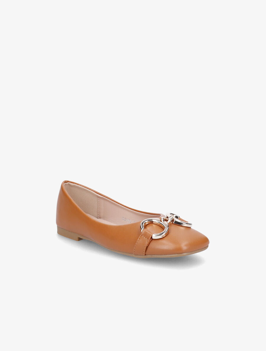 Ballerines en simili à détail boucles métalliques - Camel - 2