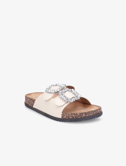 Mules double brides à boucles et strass - Beige - 2