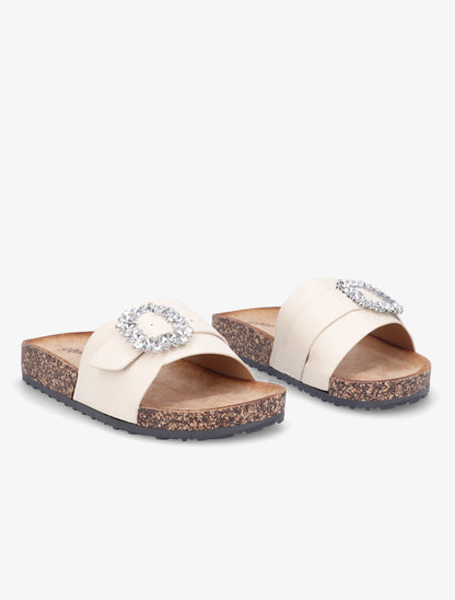 Mules brides à boucle et strass - Beige - 4