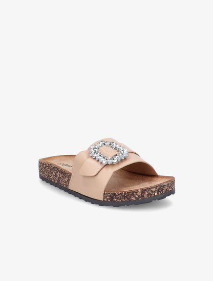 Mules brides à boucle et strass - Camel - 2