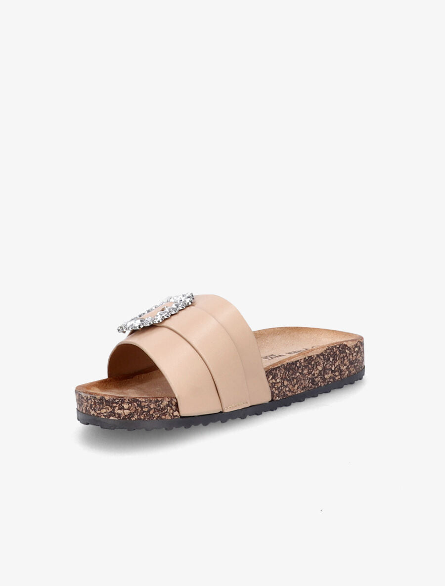 Mules brides à boucle et strass - Camel - 3
