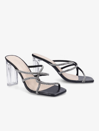 Mules à talons et brides à strass - Noir - 4