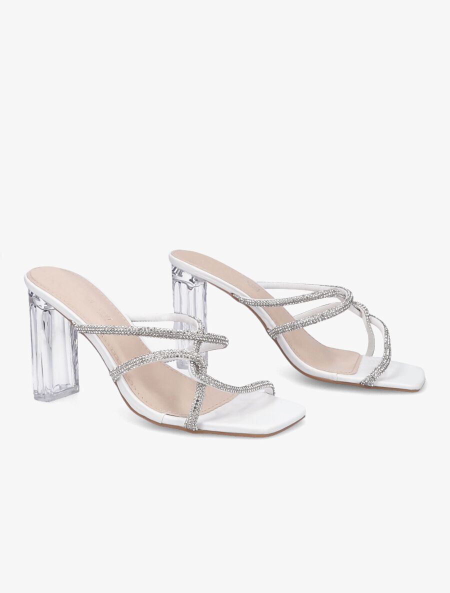 Mules à talons et brides à strass - Blanc - 4