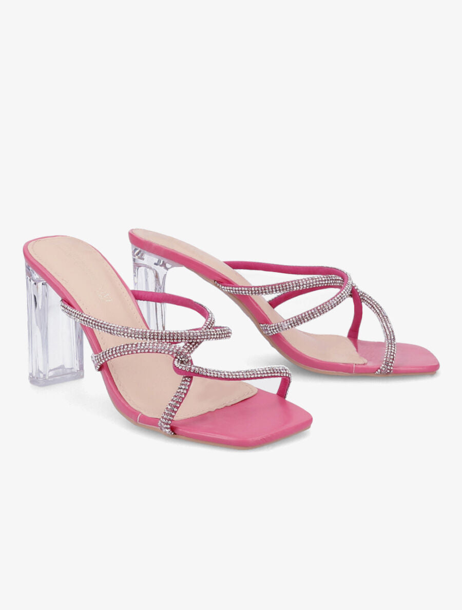 Mules à talons et brides à strass - Fushia - 4