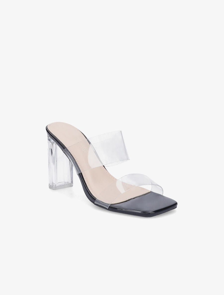 Mules à talons et double ganses transparentes - Noir - 2
