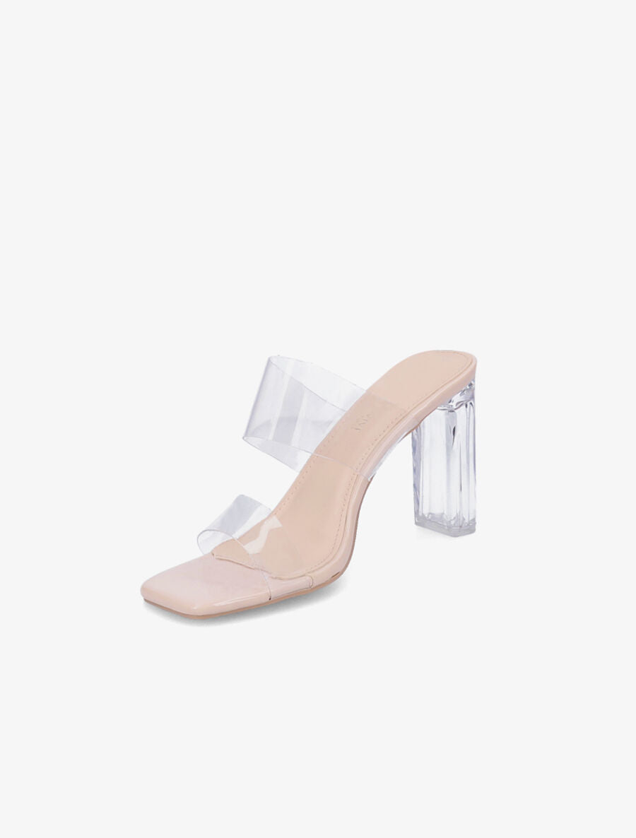 Mules à talons et double ganses transparentes - Beige - 3