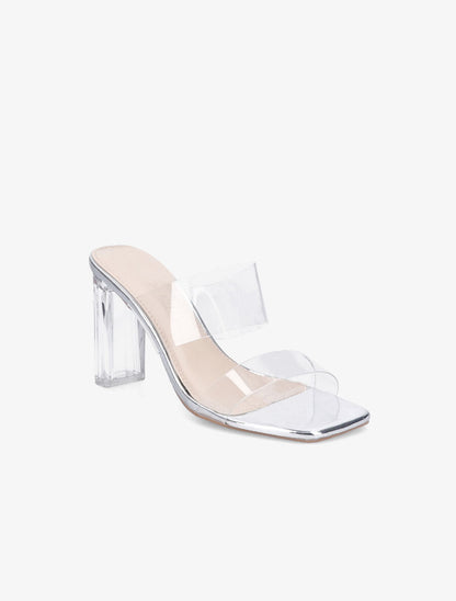 Mules à talons et double ganses transparentes - Argent - 2