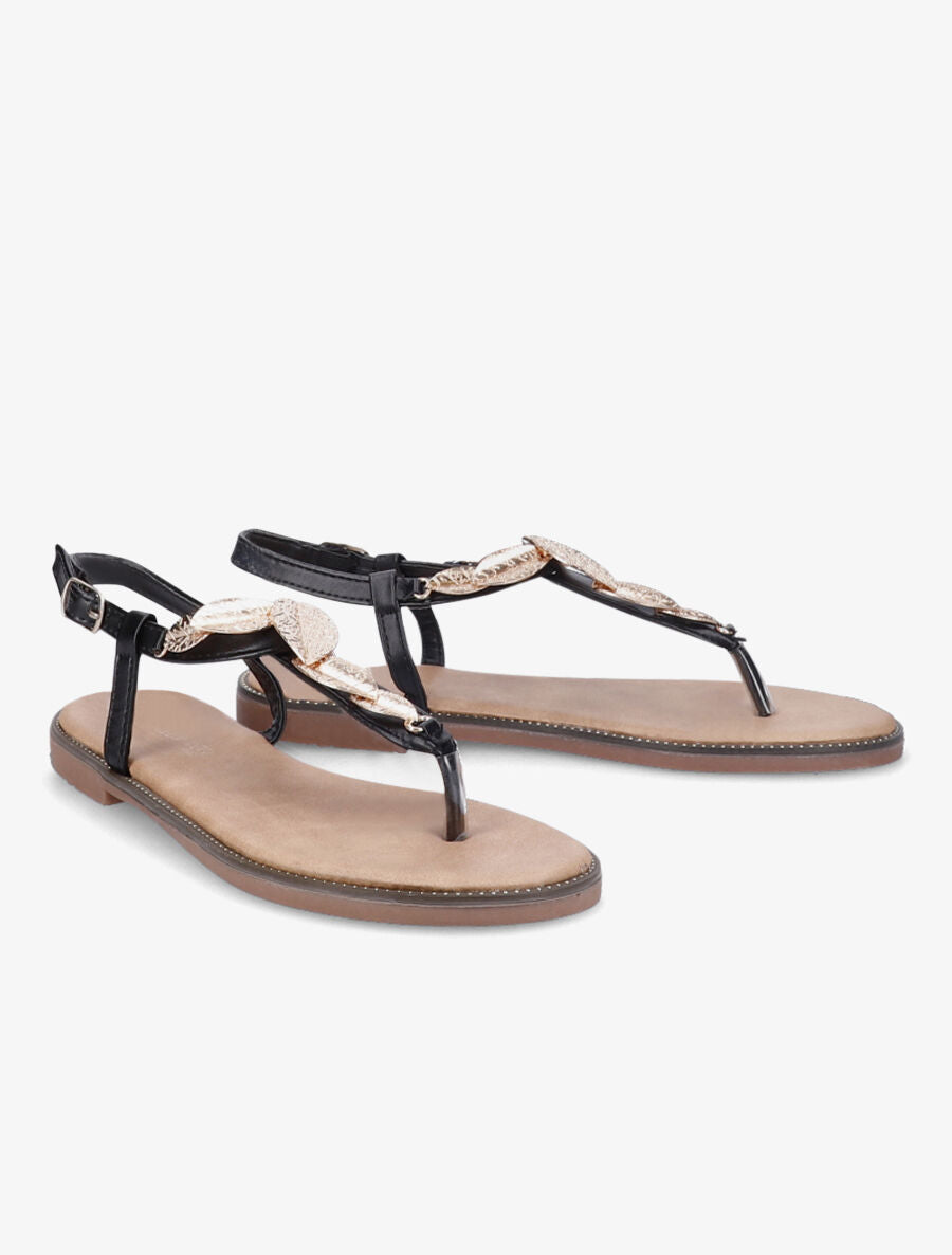 Nu-pieds en simili et feuilles dorées - Noir - 1
