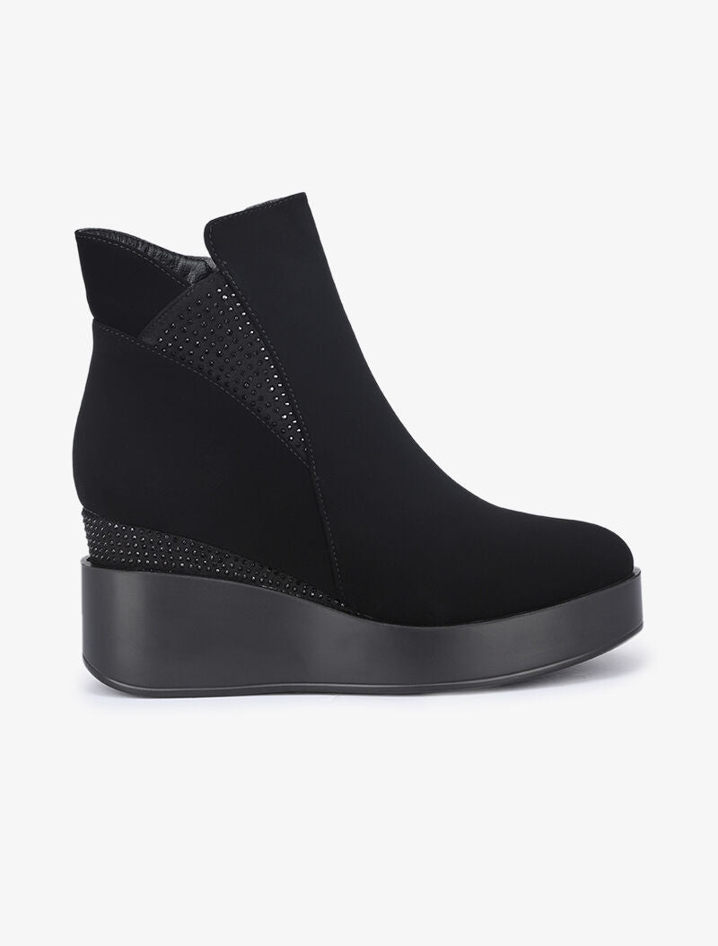 Bottines compensées en suédine ornées de strass - Noir - 2