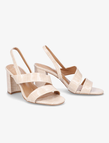 Sandales à talons épais en simili croco - Beige - 4