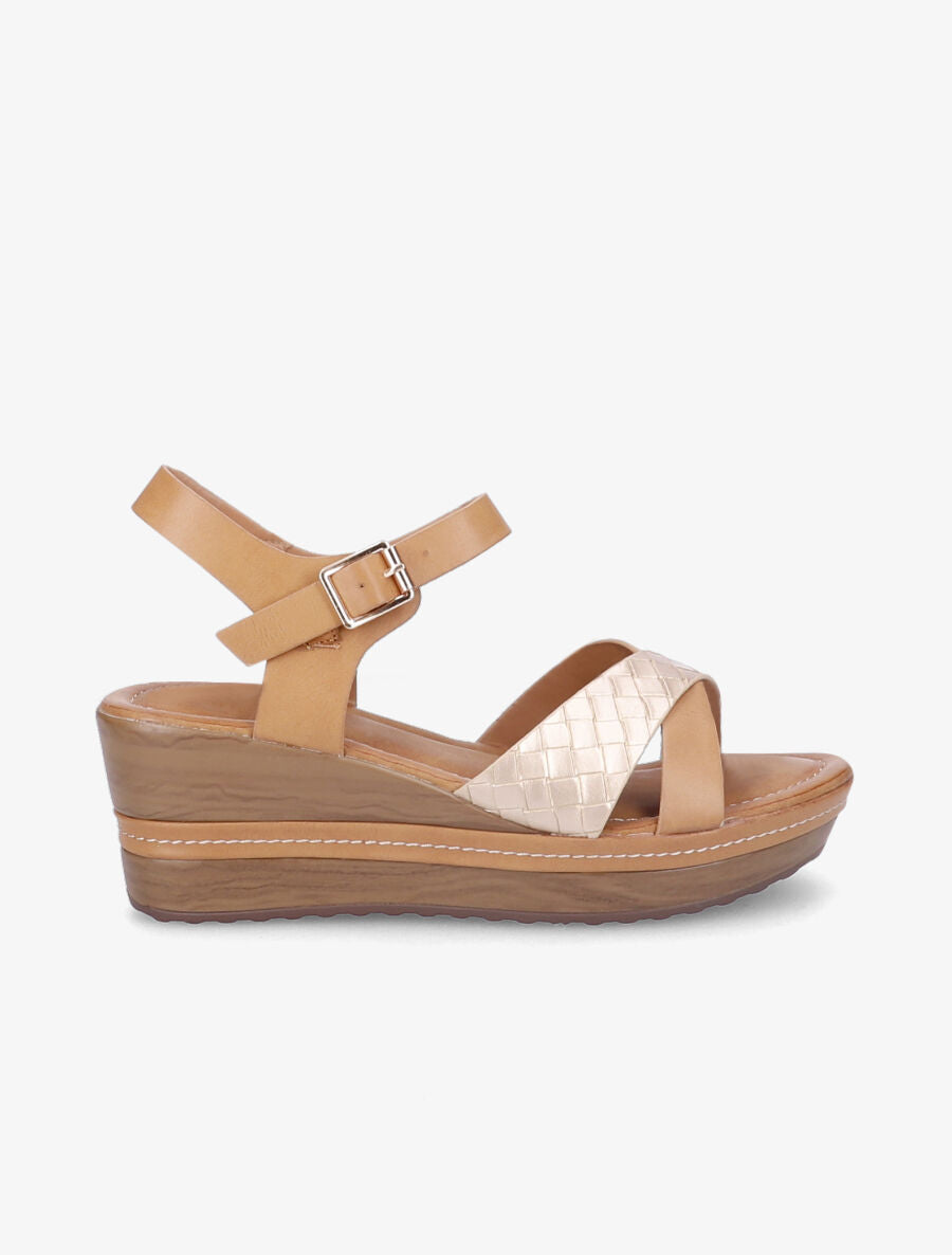 Sandales compensées à bride tressée - Beige/or - 1