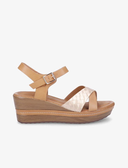 Sandales compensées à bride tressée - Beige/or - 1