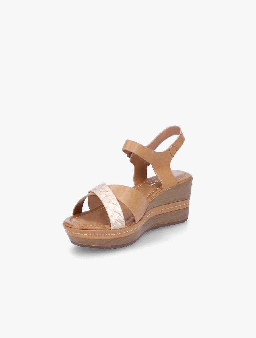 Sandales compensées à bride tressée - Beige/or - 3