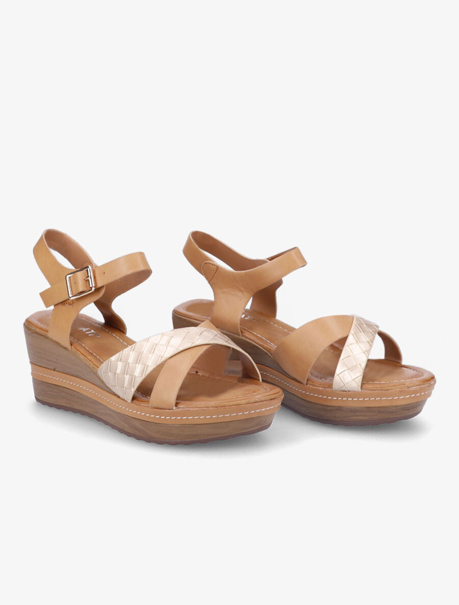 Sandales compensées à bride tressée - Beige/or - 4