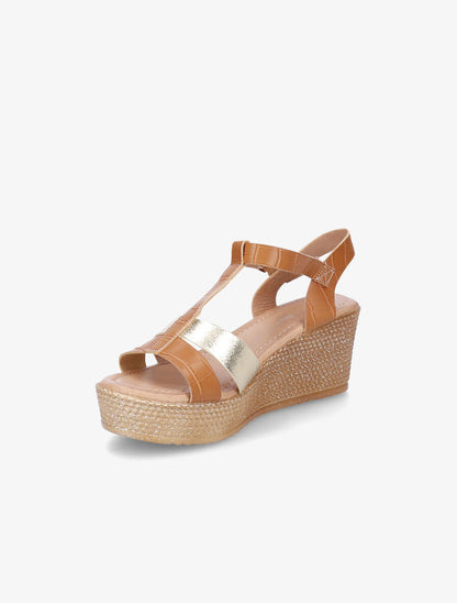 Sandales compensées à bride croco et irisé - Beige foncé/or - 3
