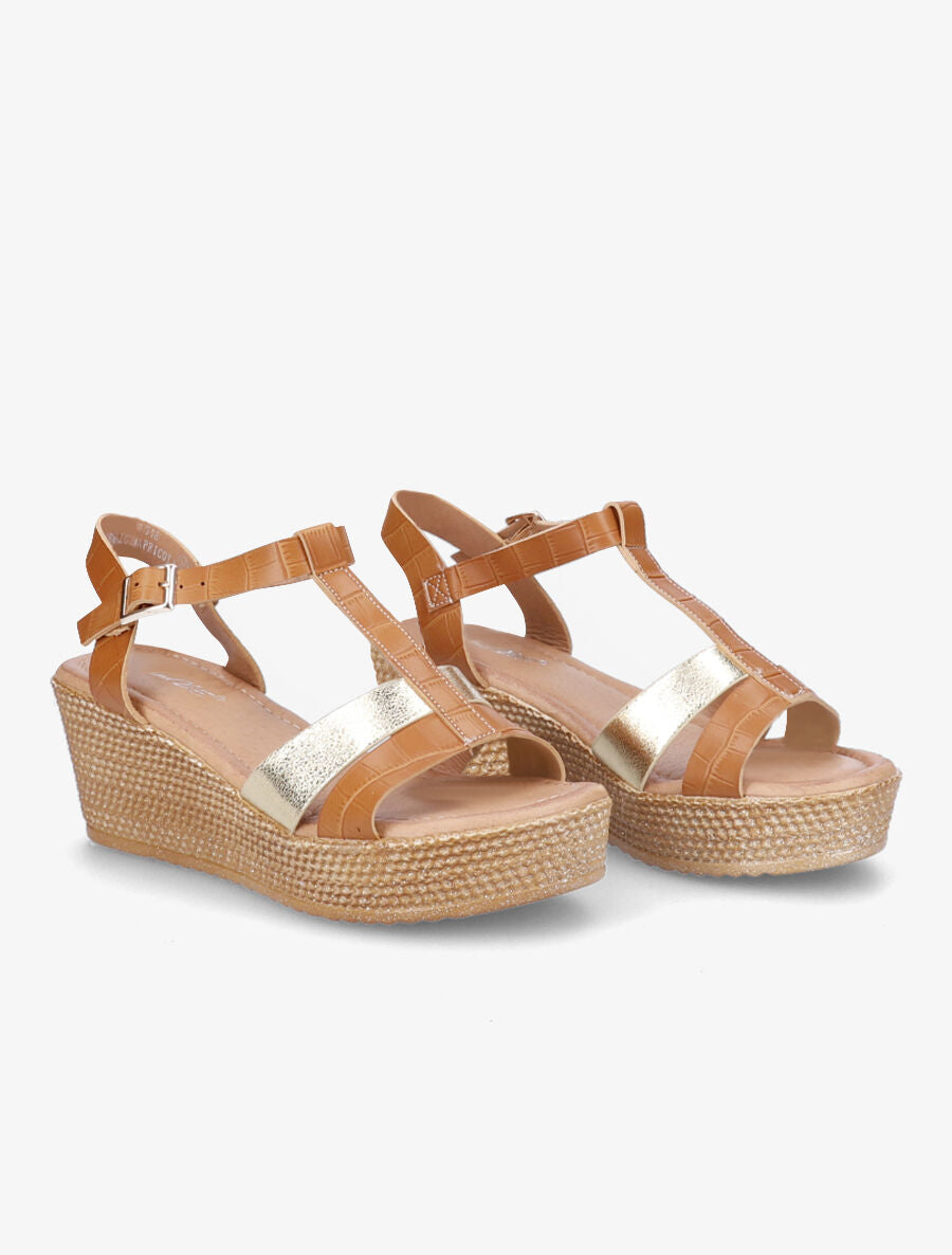 Sandales compensées à bride croco et irisé - Beige foncé/or - 4