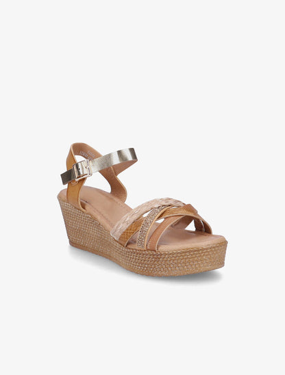 Sandales compensées à bride multi-matières - Beige foncé - 2